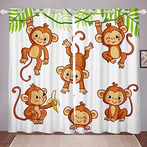 Djeca Slatki majmuni zavjese za stambene sobe za spavaću sobu Cartoon Monkey Banana Decor Curtains Boys Girls Wild Animal Utkriveni prozor za zavjere prirodne svjetlosne životinje, 52 x 63 inča, 2 ploče