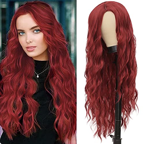 Amnenl tamnocrvena perika za žene duge valovite bordo perike Sintetička zamjena za kosu crvena kovrčava