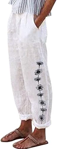 Ženske pamučne posteljine casual hlače opušteno fit cvjetni print ravne pantalone elastične struke rastezanje