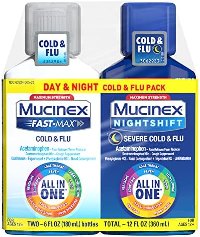 Mucinex maksimalna snaga Fast-Max Cold & gripa i noćni pomak, sve-u-jednom multi Symptom Relief Liquid, 6 fl oz - 2 Count