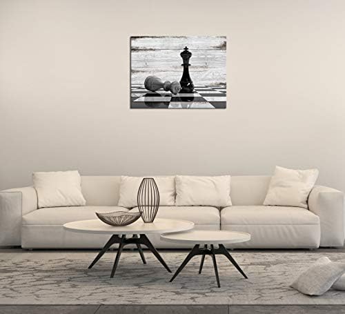 Crno-bijela šahovska tabla platnena zidna Umjetnost moderna igra L andscape slika Vintage drvena pozadina učionica otisci postera poklon za uređenje kućne kancelarije Galerija umotana spremna za vješanje 24x32