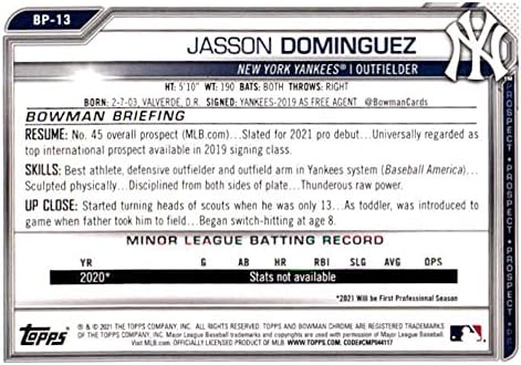 2021 Bowman izgledi BP-13 Jasson Dominguez New York Yankees MLB bejzbol kartica Nm-MT