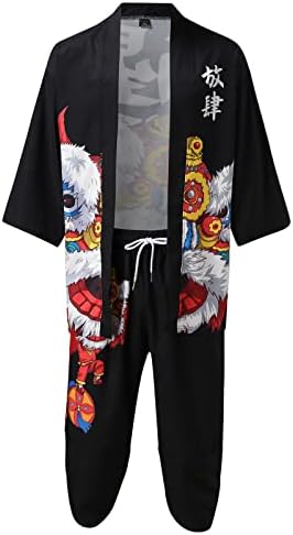 Muški japanski Kimono Cardigan postavio je elegantan otvoreni prednji kaput sa obrezivim hlačama