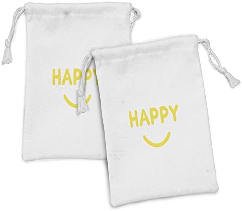 Ampezonne žute i bijele torbe od tkanine 2, sretna riječ sa nasmijanim usta ilustracije ravnih dizajna