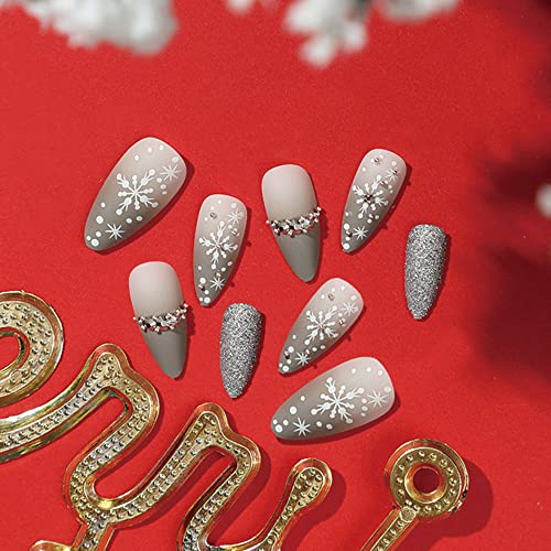24kom Božićna presa na noktima akril lažni nokti Božić Snowflake Rhinestones Glitter lažni nokti dugi bademovi Savjeti za nokte zimske pahulje Božićni nokti se lijepe na noktima za Žene Pribor za nokte