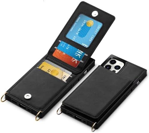 Vofolen kompatibilan sa iPhone 12 futrolom za novčanik iPhone 12 poklopcem sa držačem kreditne kartice Lanyard Crossbody remenom kožna magnetna kopča za teške uslove rada zaštitni kvadratni preklopni poklopac Crni