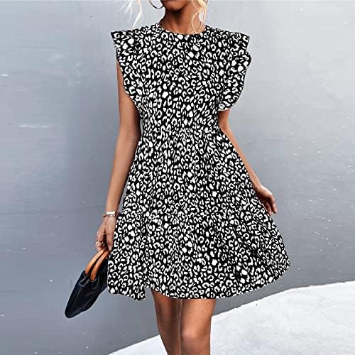 LCZIWO WOMENS Summer Ruffle rukave bez rukava Crt Leopard Cvjetni print Mini haljina Ležerne prilike