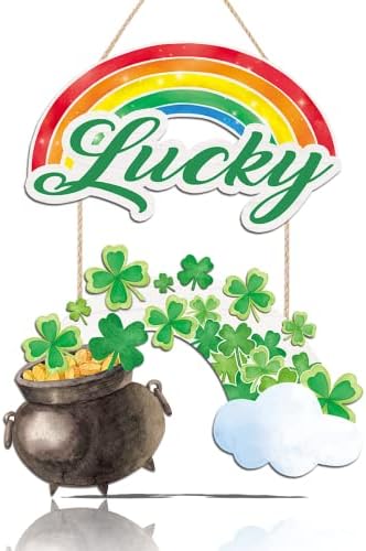 Chditb St. Patrick's Dekoracija viseći znakovni znak, zeleni shamrocks djetel prednje vrata sa dugim loncem zlata, sretni proljetni dekor irski poklon za kućnu zabavu na otvorenom St. Paddy's Day
