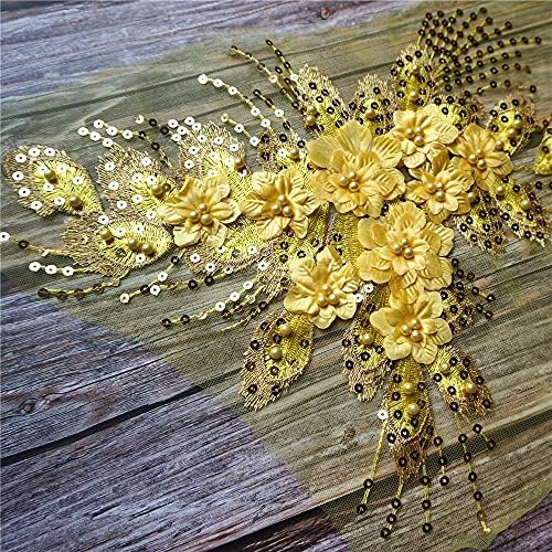 Zyzmh Yellow Sequin Tassel 3D cvijeće ružne perle čipke tkanine za izvezene haljine Appliques ovratnik mreža