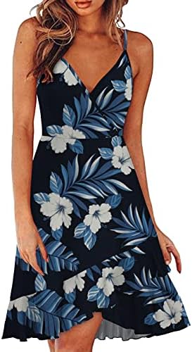 HTHJSCO ženske haljine sa špageti remenom V-izrez bez rukava cvjetni Print ljeto Hawaii Sundress Ruffle