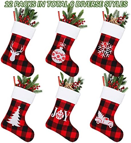 HiWooii 12 Pack Božićne čarape 15 inča filc crvene crne bivole plairane božićne čarape sa močvarim moskim