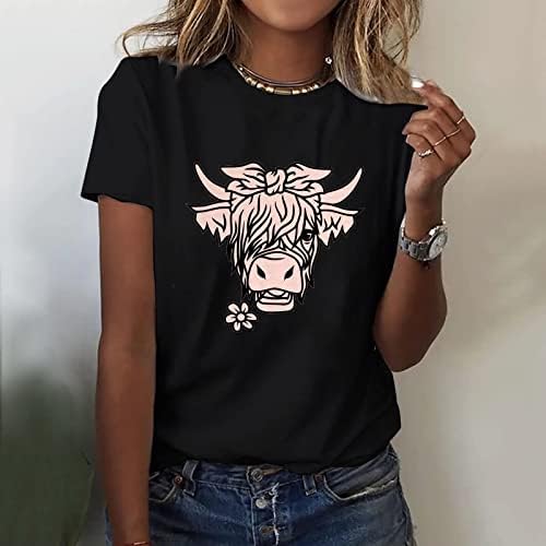 Ženski Vrhovi Casual, Smiješna Slatka Brdska Goveda Kaubojka T-Shirt Životinjski Grafički Tee Farm Life Casual