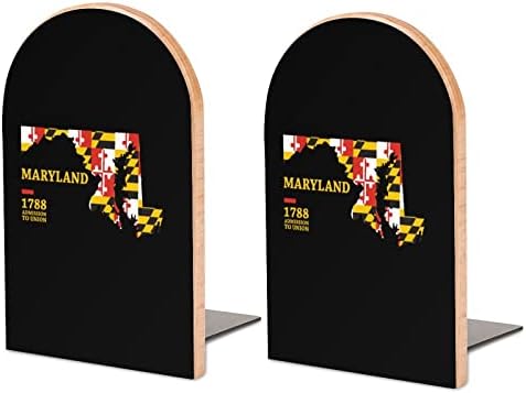 Maryland karta Zastava slika Drvo Bookend dekorativni Non-Skid knjiga kraj 1 par 7x5 Inch