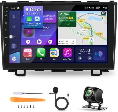 6+128g osmojezgarni Auto Stereo za Honda CRV 2007-2011 sa bežičnim Carplay Android Auto, Bluetooth 5.0 Android Auto Radio, 9-inčni IPS ekran osetljiv na dodir Glavna jedinica sa FM / AM DSP GPS WiFi rezervnom kamerom