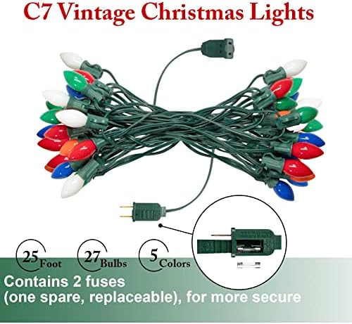 Svjetla za božićne ukrase 25ft, C7 Vintage božićne svjetla, višebojna svjetla božićne drvve, Xmas Rainbow lampica za vanjsku unutrašnje ukrase sa 25 šarenih keramičkih sijalica