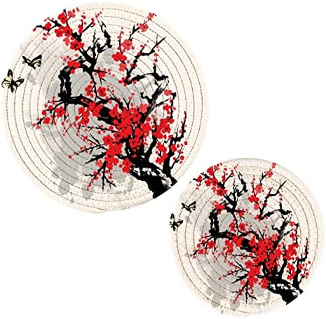 Blossoming Oriental Cherry Butterfly pot Holder Trivet Set od 2 Thread Weave Hot Pads otporan na toplotu