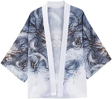 UBST japanski kimono kardigan za muške, labave otvorene prednje prodire 3/4 rukava lagana ukiyoe zmaj