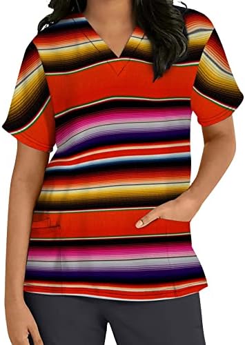 Colorblock grafička bluza za tinejdžerku kratki rukav Vneck Spandex radni piling uniforma prugaste