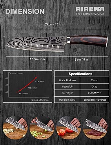 Airena Santoku Chef nož - 7 inčni japanski nož za japansku kuhinju - visoki ugljen njemački nehrđajući