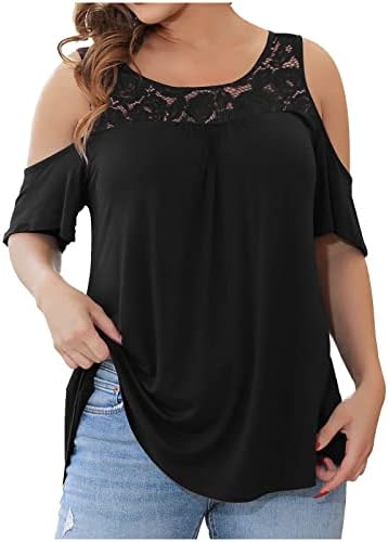 Ženska osnovna majica s kratkim rukavima hladnim ramenom 2023. čipka pamučna vrata vrata labava fit plus