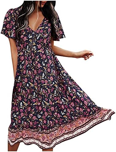 Balakie Ljetne haljine, gumb za žene V izrez dolje haljina Boho cvjetni print kratki rukav casual duge haljine