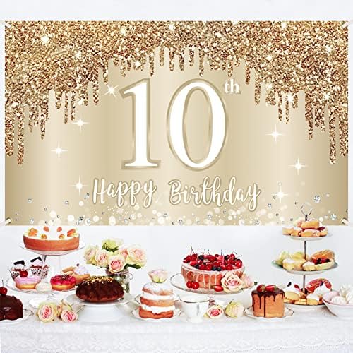Happy 10th Birthday Banner backdrop dekoracije za djevojčice, Gold White Sweet 10 rođendan znak
