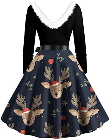 Vintage Božićne haljine za žene 2022, krzneni V izrez Dugi rukav Rockabilly koktel party haljina Božić Swing
