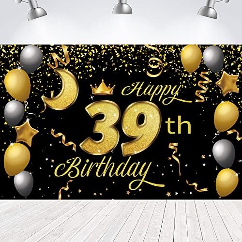 Sweet Happy 39th Birthday Backdrop Banner Poster 39 Birthday Party Decorations 39th Birthday Party Supplies 39th Photo Background For Girls, Boys, Women, Men-Black Gold 72.8 x 43.3 Inch