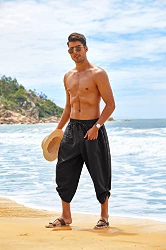 Coofandy muške posteljine harem hlače casual elastični struk kapri pantalone bahatske plaže joga hlače s džepovima
