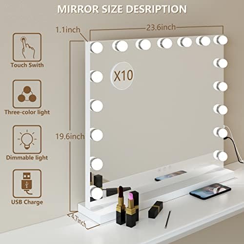 ZL Zelling toaletno ogledalo sa svetlima sa 17 LED svetlima, ogledalo za šminkanje USB-Powered dimabilna svetlost sa kontrolom na dodir, bez okvira Dressing 3 color Lights ogledalo, 23.6 x 19.6 Inch