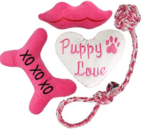 4 pakovanje pasa Valentines Day igračke, plišane srčane kosti usne škripane igračke za pse
