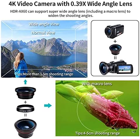 4k video kamera kamkorder Ordro AX65 WiFi UHD kamkorder 3.5 IPS dodirni ekran HD 1080p 60FPS, prenosiv kamkorder sa 12x optičkim zumom Vlogging kamere sa širokoj kutnim objektivom ručne držač