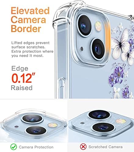 ROSEPARROT [4-u-1] futrola za iPhone 14 sa zaštitom ekrana od kaljenog stakla + zaštita sočiva kamere, prozirna sa dizajnom cvjetnog uzorka, zaštitni poklopac otporan na udarce