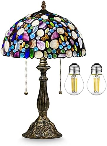 Nizrsky Tiffany stolna lampa,Vitražna staklena lampa sa prirodnom školjkom i ametistom,12 Vintage 2-lagana ručno rađena lampa u stilu Tiffany, Tiffany noćna lampa za kancelariju u spavaćoj sobi