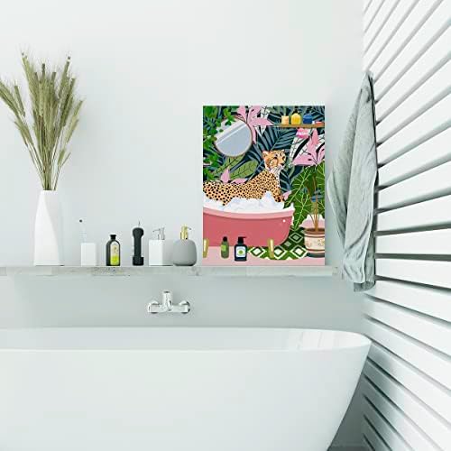Kupatilo Leopard u kadi na platnu slika postera zidna Umjetnost, slika tropskog botaničkog Leoparda umjetnička djela uokvirena Print spreman za kačenje za toalet WC zidni dekor 12 x 15 inča