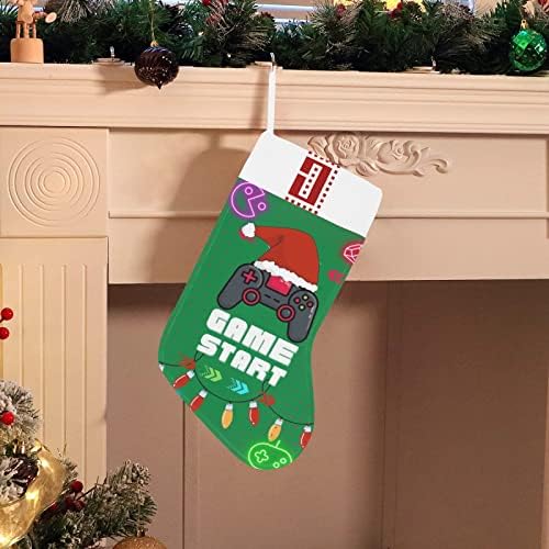 Monogram božićne čarape sa video igarom Igra Start i slovo J 18 inča Veliki zeleni i bijeli s početnim
