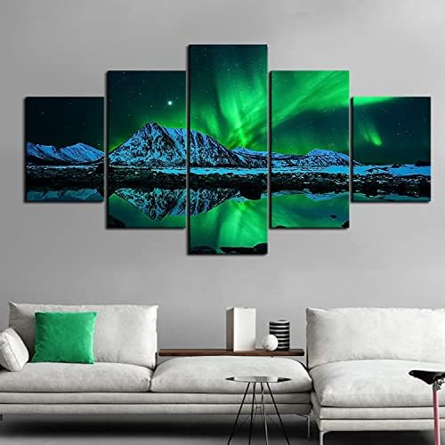 Aurora Borealis zidni dekor 5 komada platna zidna Umjetnost, zeleno sjeverno svjetlo pejzaž slike