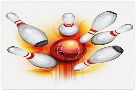 Ambesonne Bowling Party pet Mat za hranu i vodu, Crvena lopta sa širenjem Skittles jarke prikaz