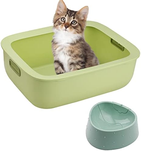 Komplet kutija za smeće za mačke, kutija za smeće za mačke sa posudom za hranu, čvrsta kutija za kućne ljubimce, kutija za mačiće, velika posuda za mačje nosiljke visoke strane, kutija za smeće za macu, 18,9 x 15 inča, zelena