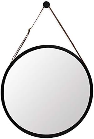 Viseći okrugli crni zid ogledalo-krug bambus okvir 15 Inč & amp; Podesiva kožna traka, Makeup Vanity dresing