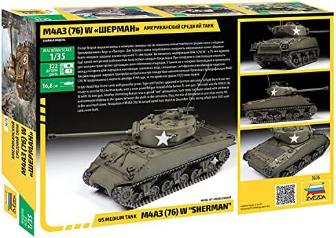 Zvezda 3676 1:35 M4A3 W Sherman Model, plastični komplet za montažu, detaljna replika, Nelakirana