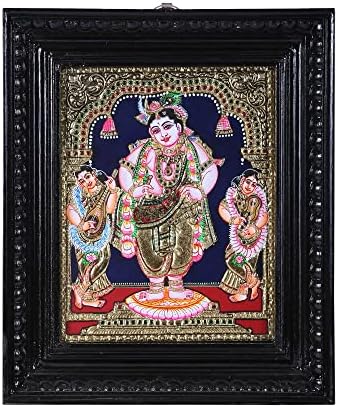 Exotic Indija Stojin Lord Krishna Tanjore Slikarstvo | Tradicionalne boje sa 24K zlatom | Okvir tikovine