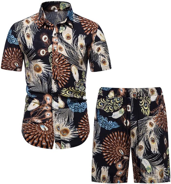 Kissqiqi Muški 2 komada odijelo za odmor trenerke Cvetni ležerni gumb niz havajska majica kratkih