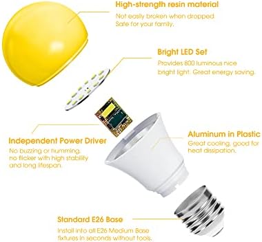 Žute LED sijalice sa bubama, A19 LED žuta sijalica sa bubama Vanjska 60W ekvivalentna, 9w Vanjska svjetla