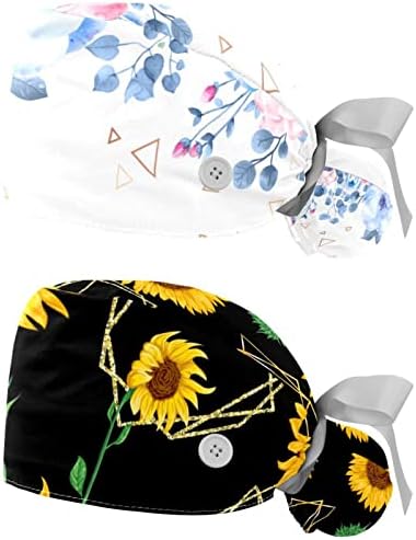 Radni kapu sa tipkama i vrpcom za žene 2 pakete, akvarel cvijeće podesivo Unisex hirurško čišćenje