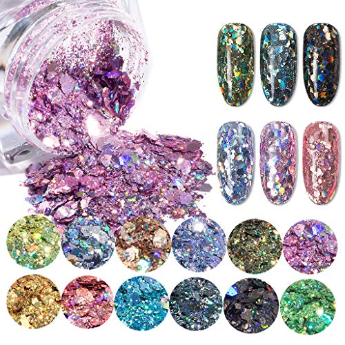 12 boja Nails Art Glitter Powder set šljokica, holografska pahuljica Sparkle Chunky Nail Glitters za Gel