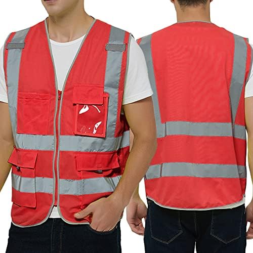 TOPTIE sigurnosni prsluk sa džepovima, reflektirajući prsluk visoke vidljivosti za rad i trčanje-crveni-XXL