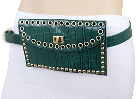 Ženski modni pojas Zelene novčanike - Faux krokodil kožni mršavi pojas Zlatni metalni stup s m