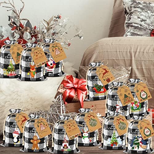24pcs Pamučne torbe za božićne vuke Buffalo plaid Xmas Cotton Xmas Candy torbe Male božićne tkanine GODY BOOD Torbe za poklone Tretiraju vreće za vezanje od zakrbnih poklona za partiju torbe za partiju