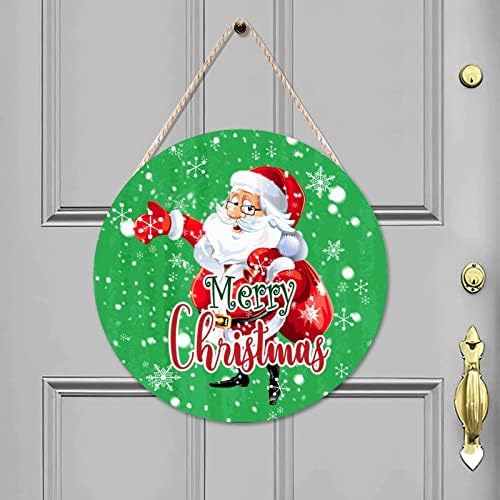 Cheyan Drveni znak Santa Claus i snježno zeleno okruglo viseće vrata za viseće vrata 12x12 inča za zid